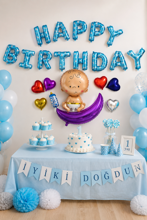 Folyo Balon Happy Birthday Mavi Bebekli Kalpli 320x40 cm Doğum Günü Parti Süsü Duvar Dekoru Seti