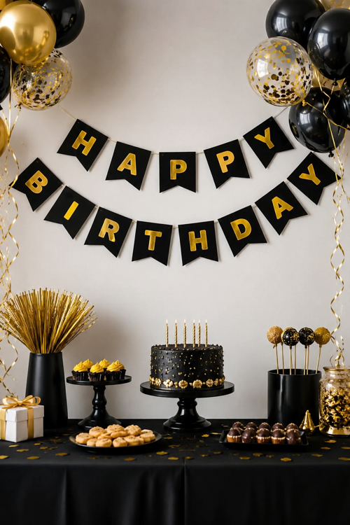 Happy Birthday Banner Siyah Gold Yazılı Doğum Günü Parti Süsü Duvar ve Fotoğraf Alanı Dekoru