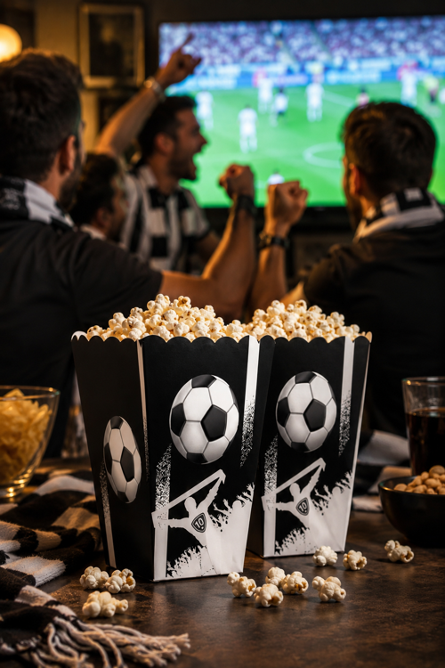 Mısır Kutusu Popcorn Kutusu 8'li Taraftar Siyah Beyaz 7.5x11 cm Maç Parti Atıştırmalık Kutusu