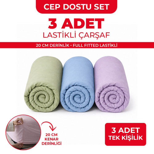 Çarşafçı Hanım 3 ADET TEK KİŞİLİK LASTİKLİ ÇARŞAF - 100x200cm - MAVİ/YEŞİL/LİLA - RANFORCE