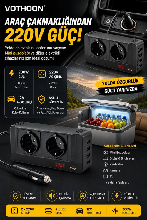 200W 12V DC - 220V AC Araç İçi İnvertör Priz USB Girişli Dijital Göstergeli