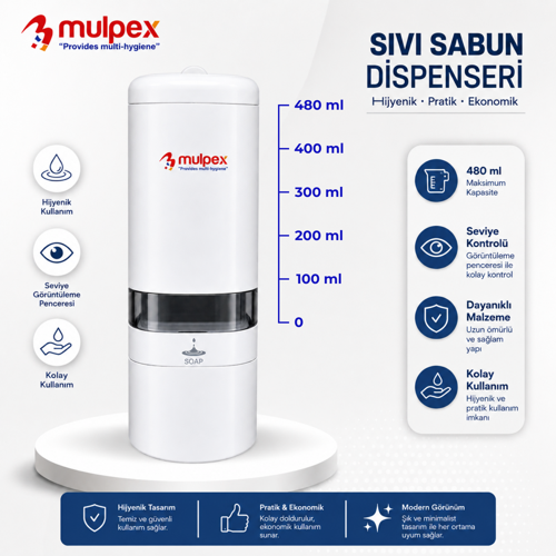 480 ml Beyaz Duvara Monte Sıvı Sabun Dispenseri | Premium Kalite ABS Gövde, Anahtarlı, Şık ve Güvenli