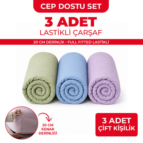 3 ADET ÇİFT KİŞİLİK LASTİKLİ ÇARŞAF - 160x200cm - MAVİ/YEŞİL/LİLA - RANFORCE