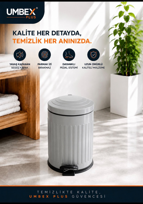 5 LT AMORTİSÖRLÜ GRİ RENKYAVAŞ KAPANIR ÇÖP KOVASI BANYO VE MUTFAKLARINIZDA KULLANIMA UYGUN İÇ KOVALI
