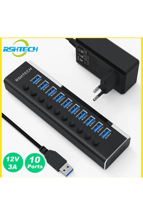 Alüminyum 5 Gbps 10 Port USB 3.0 Data Hub 12W 3A Power Adaptör Çevirici Dönüştürücü 10 Girişli