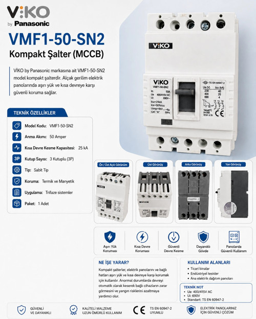 VMF1-50 3x50A Sabit Termik Kompakt Şalter 25kA