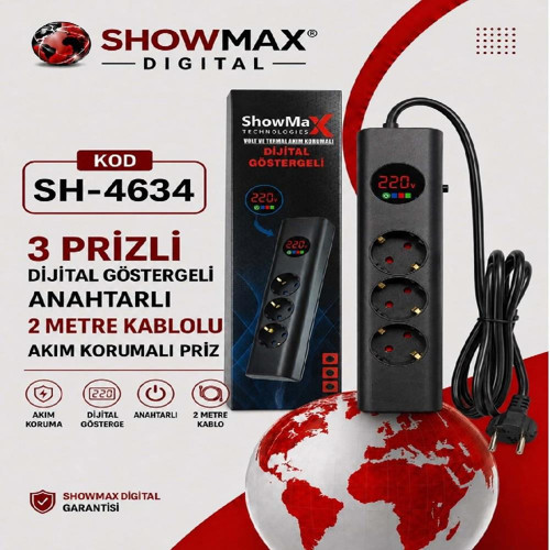 Showmax SH-4634 Dijital Göstergeli 3lü 2Metre Kablolu Akım Korumalı Grup Priz