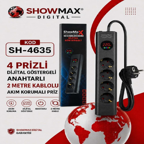 SH-4635 Dijital Göstergeli 4lü 2Metre Kablolu Akım Korumalı Grup Priz