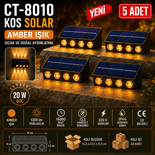 CT-8010 KOS Solar 20W LED Aplik Amber Işık 5'li Set Güneş Enerjili Yukarı Aşağı Aydınlatma