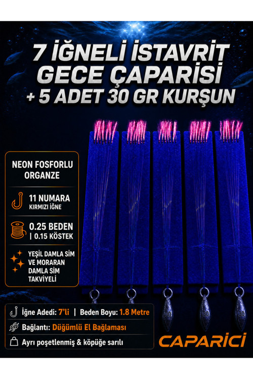 7 İğneli İstavrit Gece Çaparisi(5 Adet)+5 Adet 30 Gr Kurşun 11 Numara kırmızı İğne 0.25 Beden 0.15 Köstek