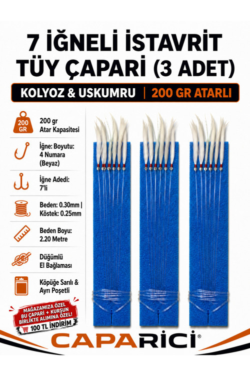 7 İğneli İstavrit-Uskumru-Kolyoz Tüy Çapari(3 Adet)4 Numara iğne 200 Gr Atarlı
