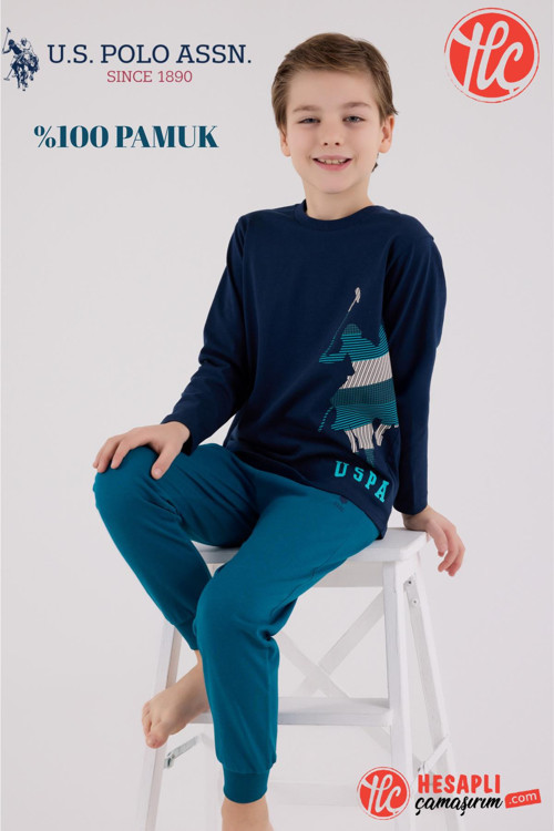 Garson Erkek Çocuk Logolu Lacivert %100 Pamuklu Uzun Kollu Paça Lastikli Pijama Takım