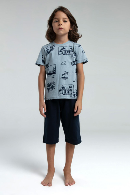 Premium Erkek Çocuk Desenli Pamuklu Regular Rahat Kesim Kısa Kol Kapri Pijama Takım