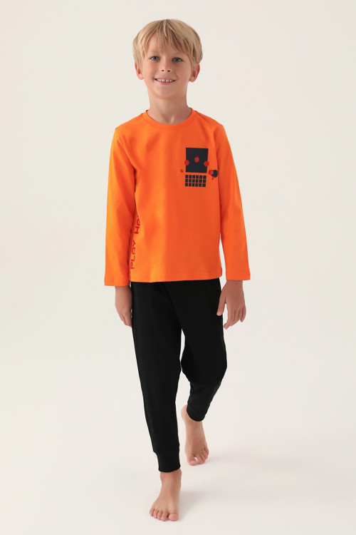 Premium Erkek Çocuk Pamuklu Rahat Kalıp Uzun Kollu Paça Lastikli Pijama Takımı
