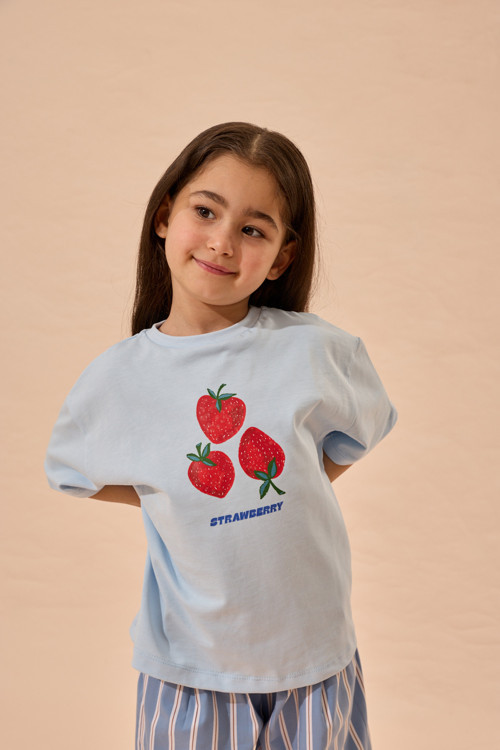Strawberry Baskı Oversize Pamuk Tişört Mavi
