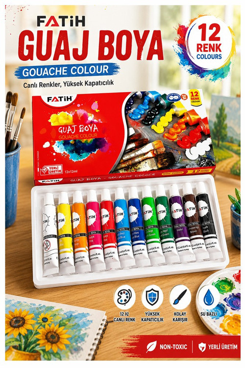 Guaj Boya 12 Renk 12 ml 1 Paket Fatih Guaj Boya 12 li Canlı Renkler Ahşap Tuval Taş Ağaç Resim Dersi Okul Öğrenci