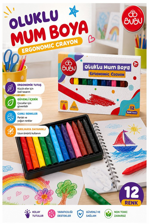 Oluklu Mum Boya 12 Li 1 Paket Bubu 12 Renk Mumboya Elleri Kirletmeyen Yıkanabilir Silinebilir Karton Kutu