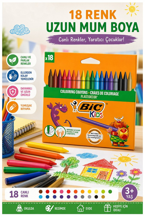 Mum Boya 18 Li 1 Paket Bic 18 Renk Mumboya Elleri Kirletmeyen Yıkanabilir Silinebilir Karton Kutu Plastidecor