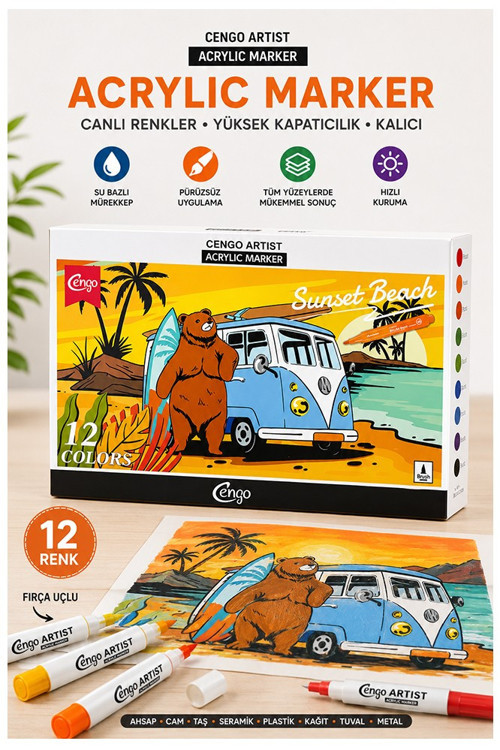 12 Renk Akrilik Markör Keçeli Kalem 1 Paket Cengo 12 li Acrylic Marker Taş Cam Metal Seramik Plastik Tuval Ahşap