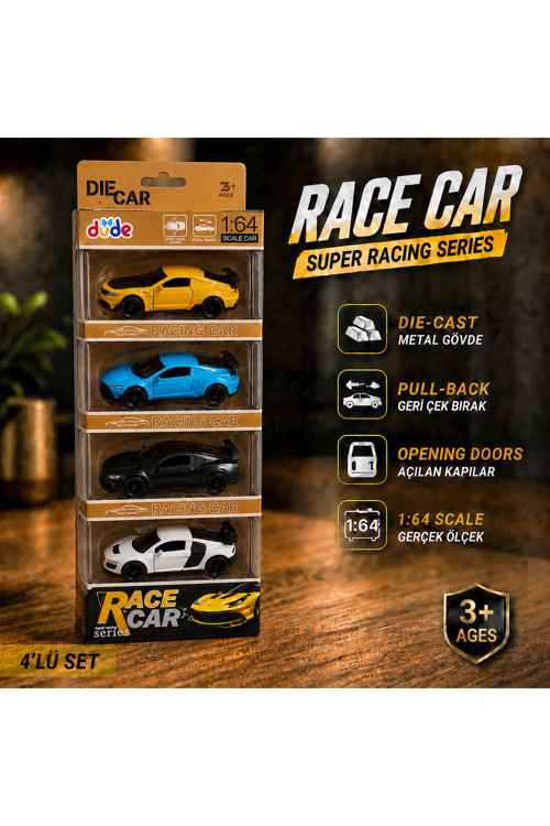 4'Lü Die Cast Metal Spor Araba Seti – 1:64 Ölçek - Çek Bırak Mekanizmalı - Açılır Kapı & Bagaj - Kutulu Koleksiyon