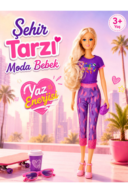 Şehir Tarzı Moda Bebek - Mor Yazlık Kıyafetli Uzun Sarı Saçlı Manken Bebek - Kız Çocuk Hediye 3+ Yaş
