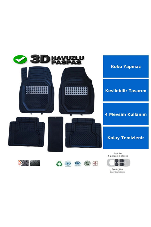 Citroen Berlingo 2000 Uyumlu 3 Cm Havuzlu 5 Parça Set 3D Paspas Takımı Siyah - Gri