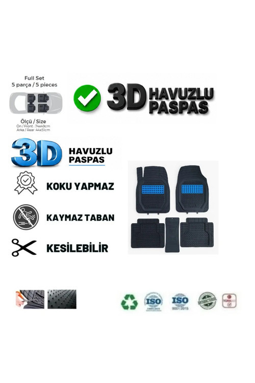 Seat Leon 2014 Uyumlu 3 Cm Havuzlu 5 Parça Set 3D Paspas Takımı Siyah - Mavi