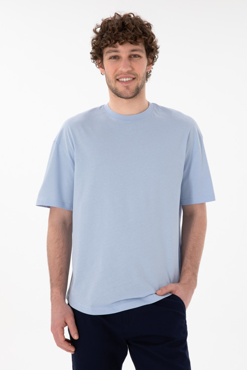 Erkek Long Fit Bisiklet Yaka Açık Mavi Basic Tişört 50305988-VR003