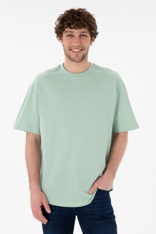 Erkek Long Fit Bisiklet Yaka Su Yeşili Basic Tişört 50305988-VR048