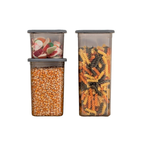 3'lü Set Sızdırmaz Kapaklı Kare Erzak Saklama Kabı 650Ml - 1300Ml - 1900Ml Antrasit