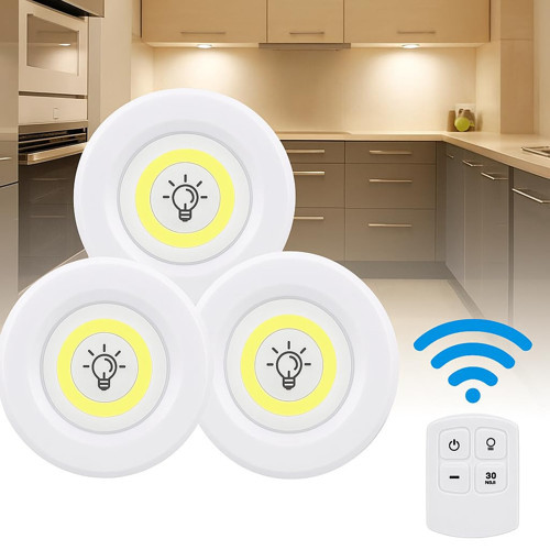 Hero 3’lü Kablosuz LED Spot Işık Seti – Uzaktan Kumandalı, Yapışkan Bantlı, Pilli, 3W COB LED, 150 L