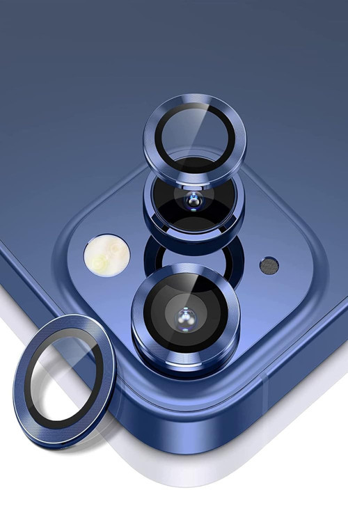 Y İLETİŞİM iPhone 13 Alüminyum Alaşım Temperli Cam Kamera Lens Koruyucu - Mavi