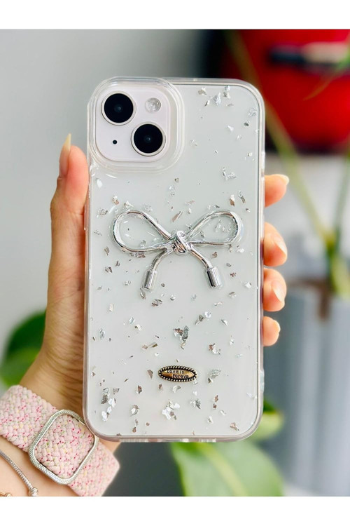 Iphone 13-14 - 15 ile Uyumlu Şeffaf Simli Epoksili Telefon Kılıfı