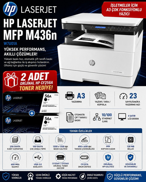 LaserJet MFP M436n W7U01A A3 Mono Lazer Yazıcı Tarayıcı Fotokopi Ethernet USB 23ppm + 2 Adet Orijinal Toner Hediye