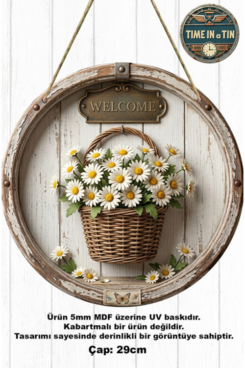 Dış Kapı Süsü - Ahşap Görünümlü 3D Etkili Hasır Sepette Papatya "Welcome" Kapı Süsü - Mdf (29 Cm)