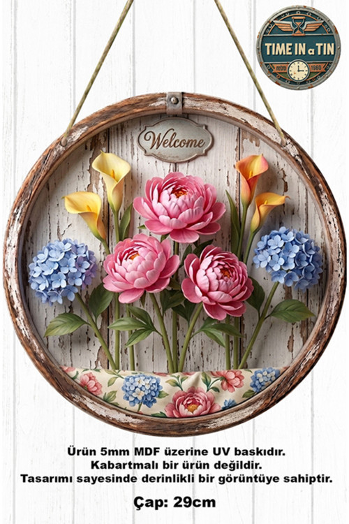 Dış Kapı Süsü - Şakayık Ve Ortanca Çiçekli "Welcome" Kapı Süsü - Mdf (29 Cm)
