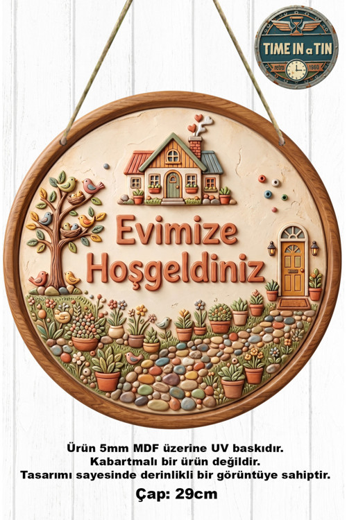 Dış Kapı Süsü Sevimli Ev Ve Kuş Temalı "Evimize Hoşgeldiniz" Dekoratif Dış Kapı Ve Duvar Süsü - Ahşap Mdf (29X29Cm)