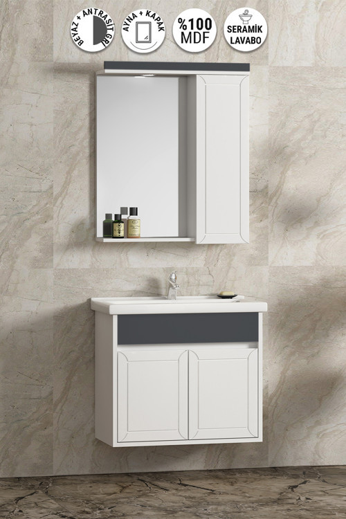Çuha 65 cm Beyaz-Antrasit Gri Mat MDF Pk-109 Balon Kapak Seramik Lavabolu Asma Banyo Dolabı Takımı