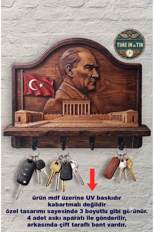 2D Ahşap Anahtar Askılığı Retro Atatürk Ve Anıtkabir Temalı Dekoratif Duvar Anahtar Askısı
