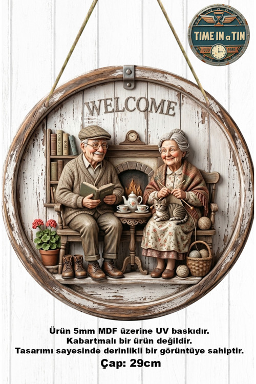 Dış Kapı Süsü -Ahşap Görünümlü 3D Etkili Vintage Yaşlı Çift "Welcome" Kapı Süsü - Mdf (29 Cm)