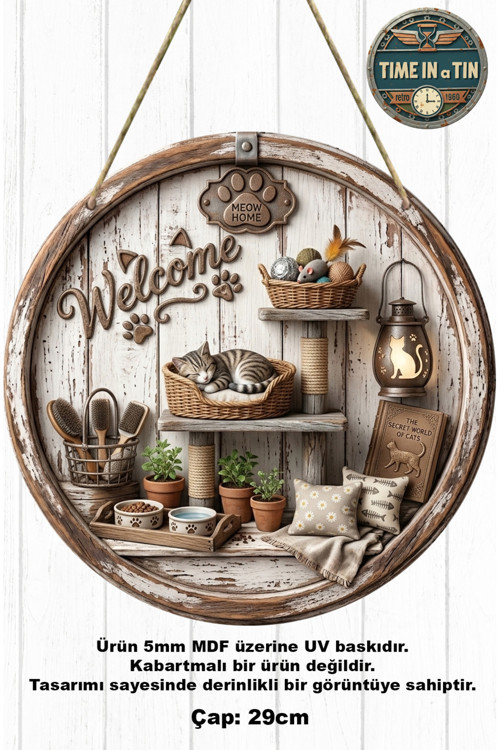 Dış Kapı Süsü Ahşap Görünümlü 3D Etkili Kedili "Welcome" Kapı Süsü - Mdf (29 Cm)
