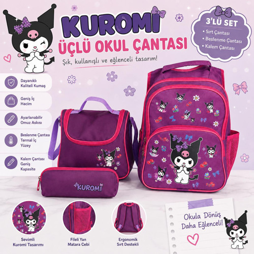 KUROMİ DESENLİ Mor Renk Üçlü Kız Çocuk İlkokul Çantası + Termal Beslenme Çantası + Kalemlik