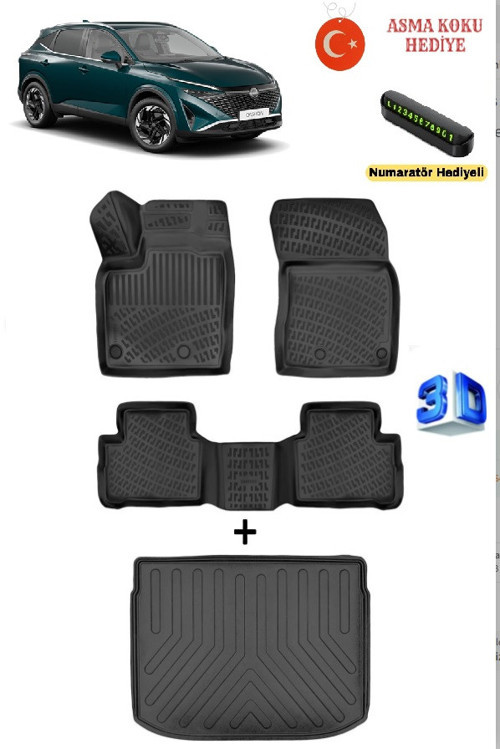 Nissan Qashqai 2022 Sonrası Uyumlu 3D Havuzlu Paspas ve 3D ÜST KADEME Bagaj Havuzu Seti (Benzinli) ASMA KOKU VE NUMARATÖ