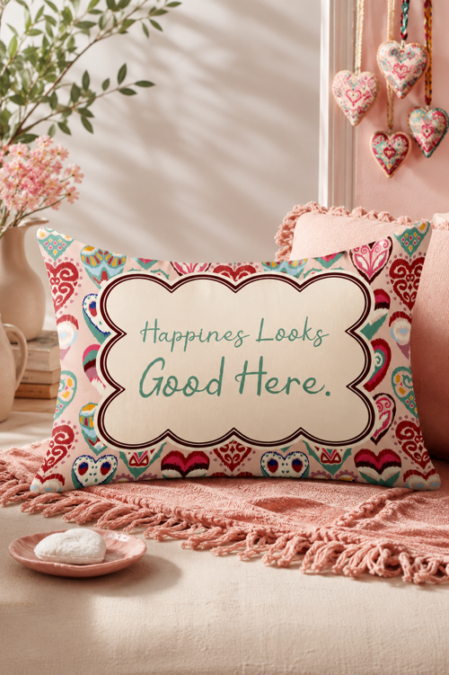 Amore5 "Happiness Looks Good Here" Yazılı Renkli Kalp Desenli Modern Dekoratif Kırlent Kılıfı 40x60