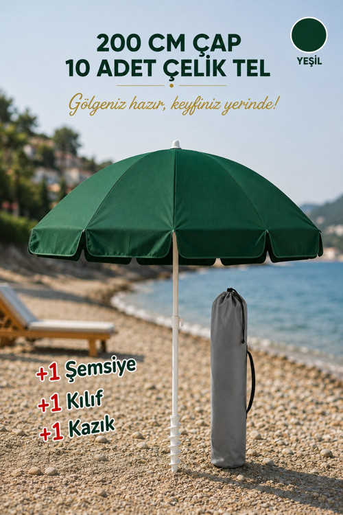 Yeşil Plaj Şemsiyesi 200 çap/10 Çelik Tel + Kazık + Kılıf, Kumsal Paketi