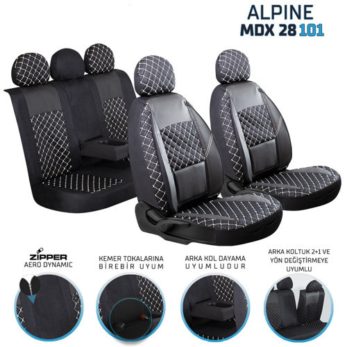 Peugeot e-308 Deri Detaylı Oto Koltuk Kılıfı Ön Arka Set Alpine Siyah Beyaz ŞHN