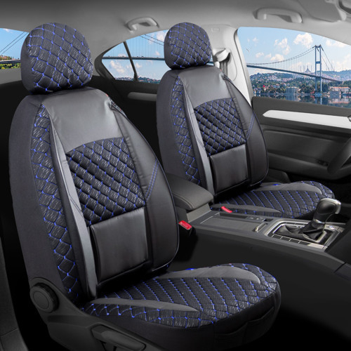 Geely Echo Deri Detaylı Oto Koltuk Kılıfı Ön Arka Set Alpine Siyah Mavi ŞHN
