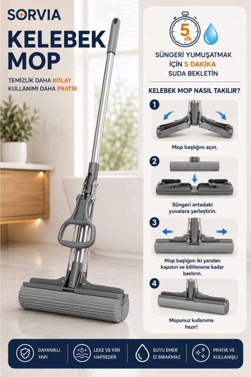 Kelebek Mop Kendinden Sıkmalı Pva Sünger Mop 124 Cm Çelik Saplı Yer Silme Ve Zemin Temizlik Mopu Kıl Tüy Toz Toplayan Temizlik Seti