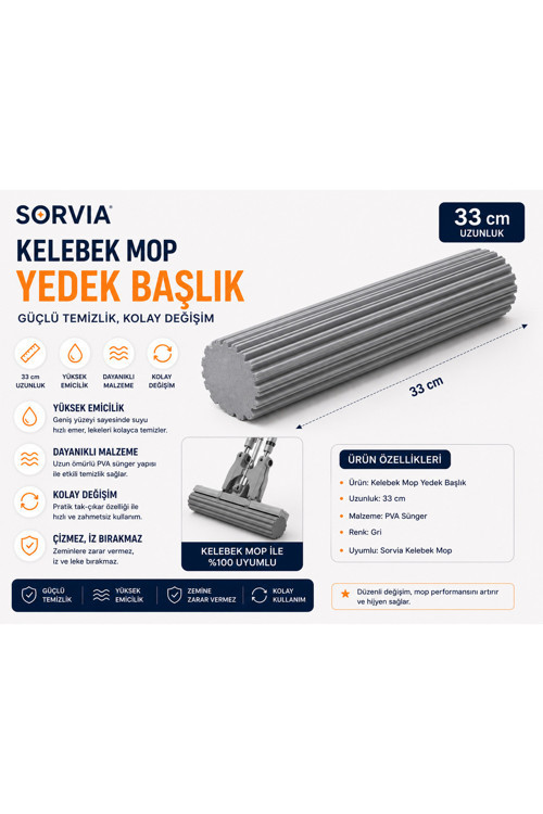 Kelebek Mop Yedek Başlığı 33 Cm Pva Sünger Mop Yedeği Kendinden Sıkmalı Yer Silme Mopu Sünger Başlık Kıl Tüy Toz Temizlik Aparatı