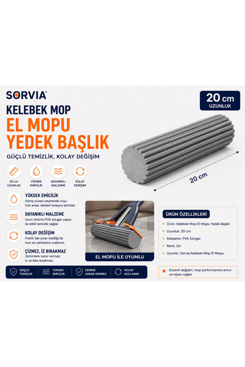 Kendinden Sıkmalı El Mopu (Kısa 20Cm) Kelebek Mop Yedek Süngeri 20 Cm Yedek Mop Başlığı Yumuşak
